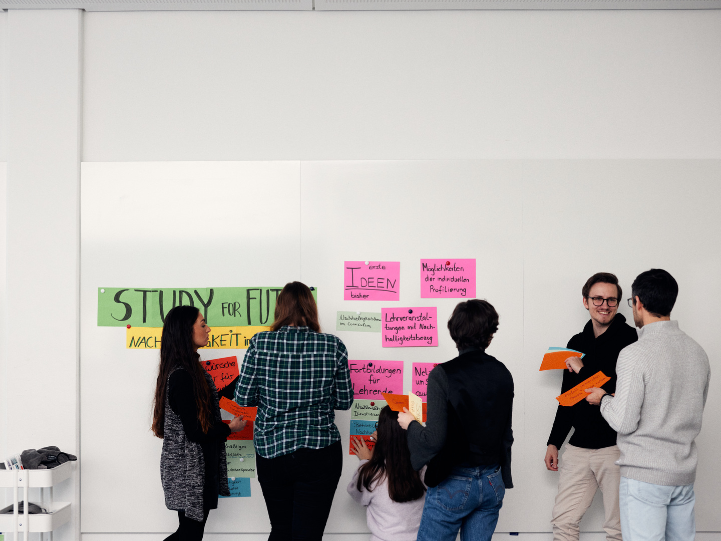 Eine Gruppe Menschen steht vor einem Whiteboard und diskutiert über die Ergebnisse an dem Whitboard