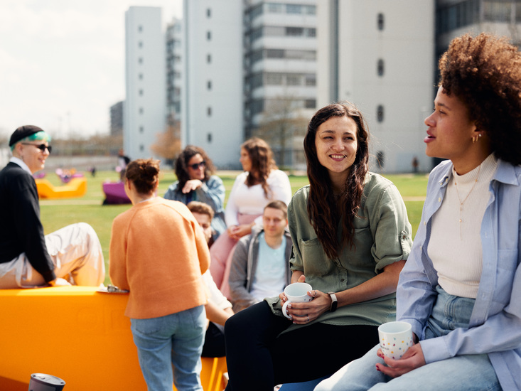 Studierende sitzen auf der Campus-Wiese zusammen und unterhalten sich