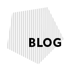 Graphic design for the section "Blog", grey-striped pentagon with black letters