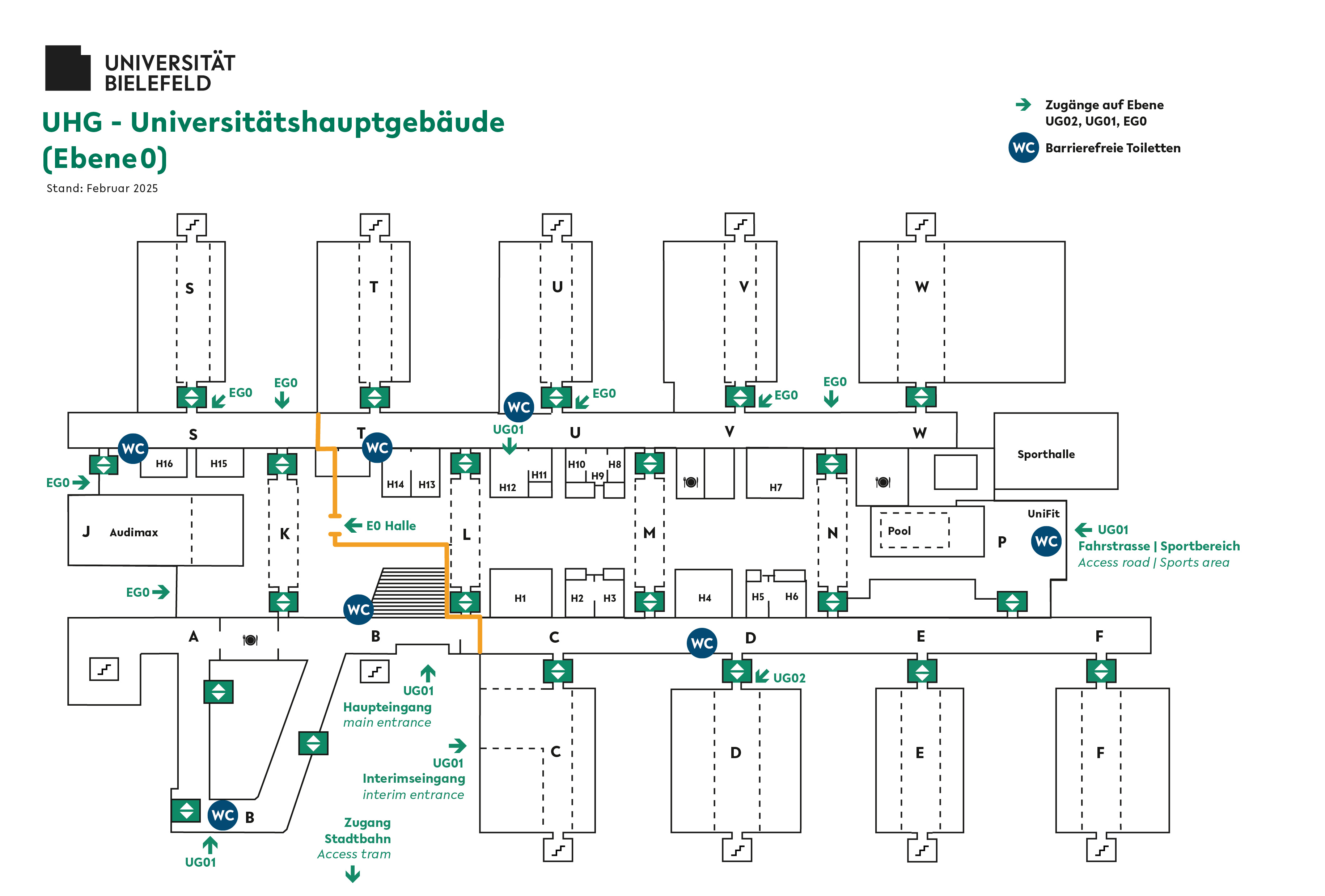 Karte des Uni Hauptgebäudes mit Informationen über die Barrierefreiheit