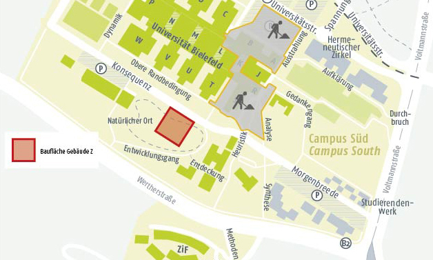 Campuslageplan, auf dem das Gebäude Z eingetragen wurde