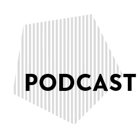 Graphic design for the section "Podcast", grey-striped pentagon with black letters