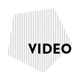 Graphic design for the section "Video", grey-striped pentagon with black letters